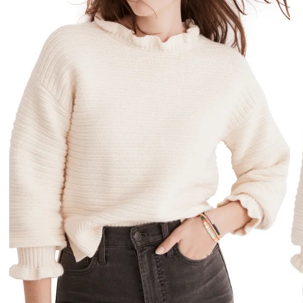 Madewell AG587 Antique Cream Ruffle Trim Textured Sweater Size XS - Picture 3 of 7